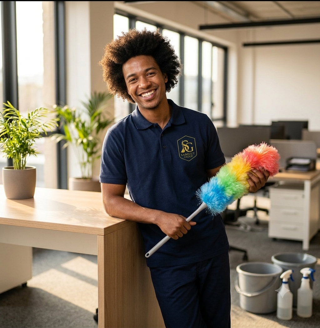 Agent SANILUT GROUP avec un plumeau multicolore dans un bureau